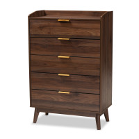 Baxton Studio LV4COD4232WI-Columbia-5DW-Chest Lena Mid-Century Modern Walnut Brown Finished 5-Drawer Wood Chest